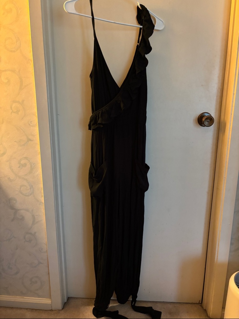 Chaser Black One-Shoulder Ruffle Jumpsuit with Pockets